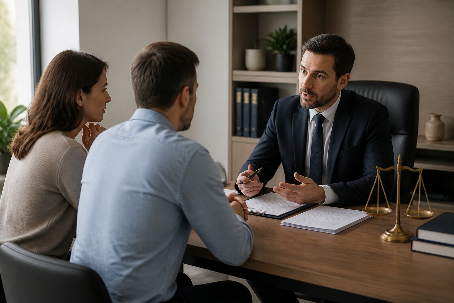 Couple en consultation avec un avocat dans un bureau juridique