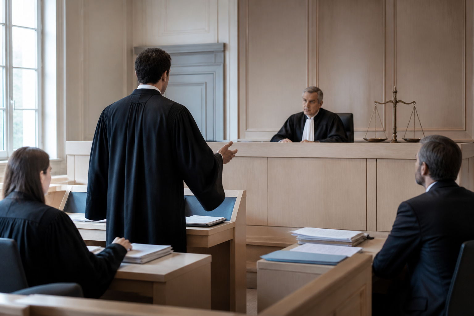 Audience au tribunal civil avec un juge écoutant les parties