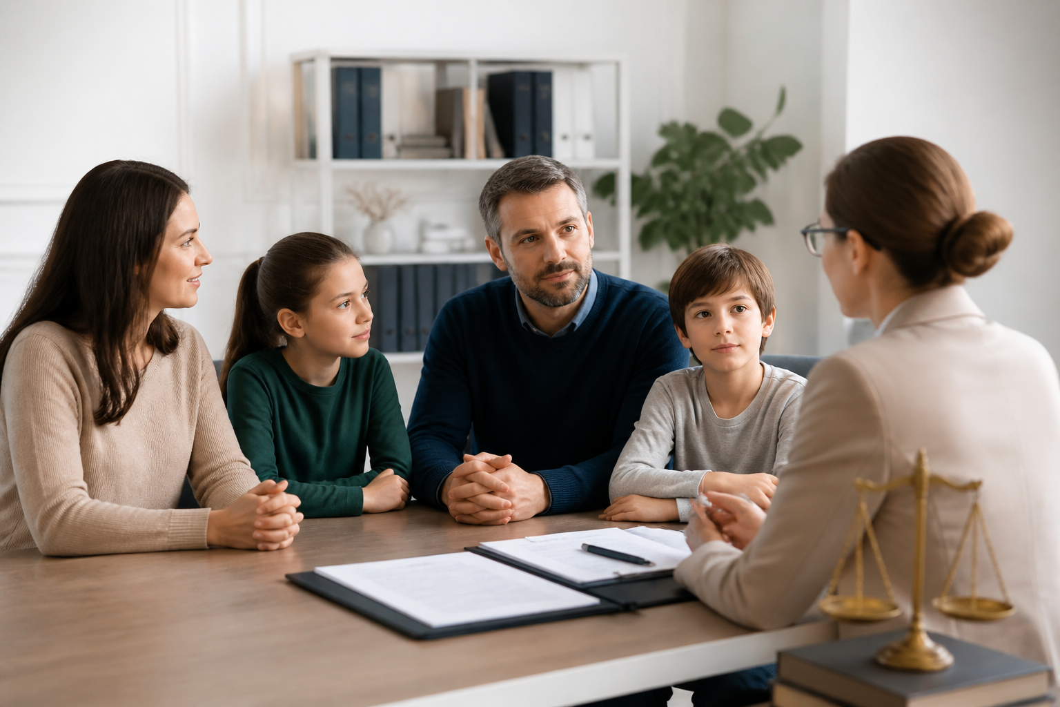 Famille avec enfants échangeant dans une atmosphère paisible et organisée