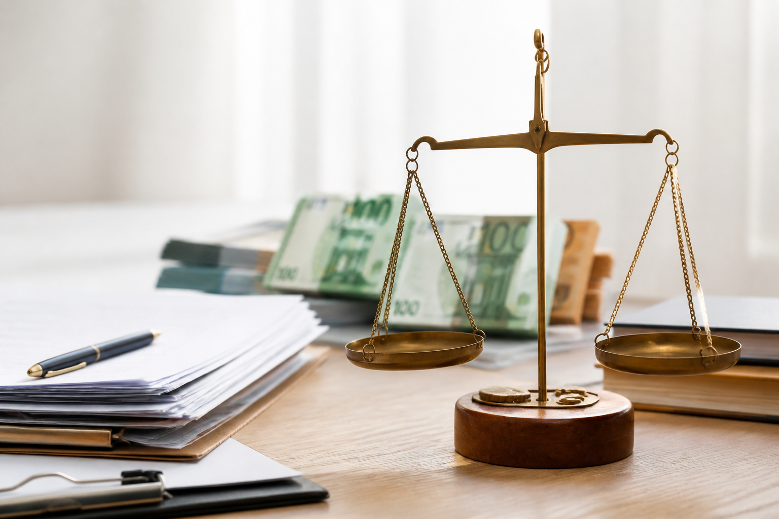 Balance de justice avec billets d'euros symbolisant les honoraires d'avocat