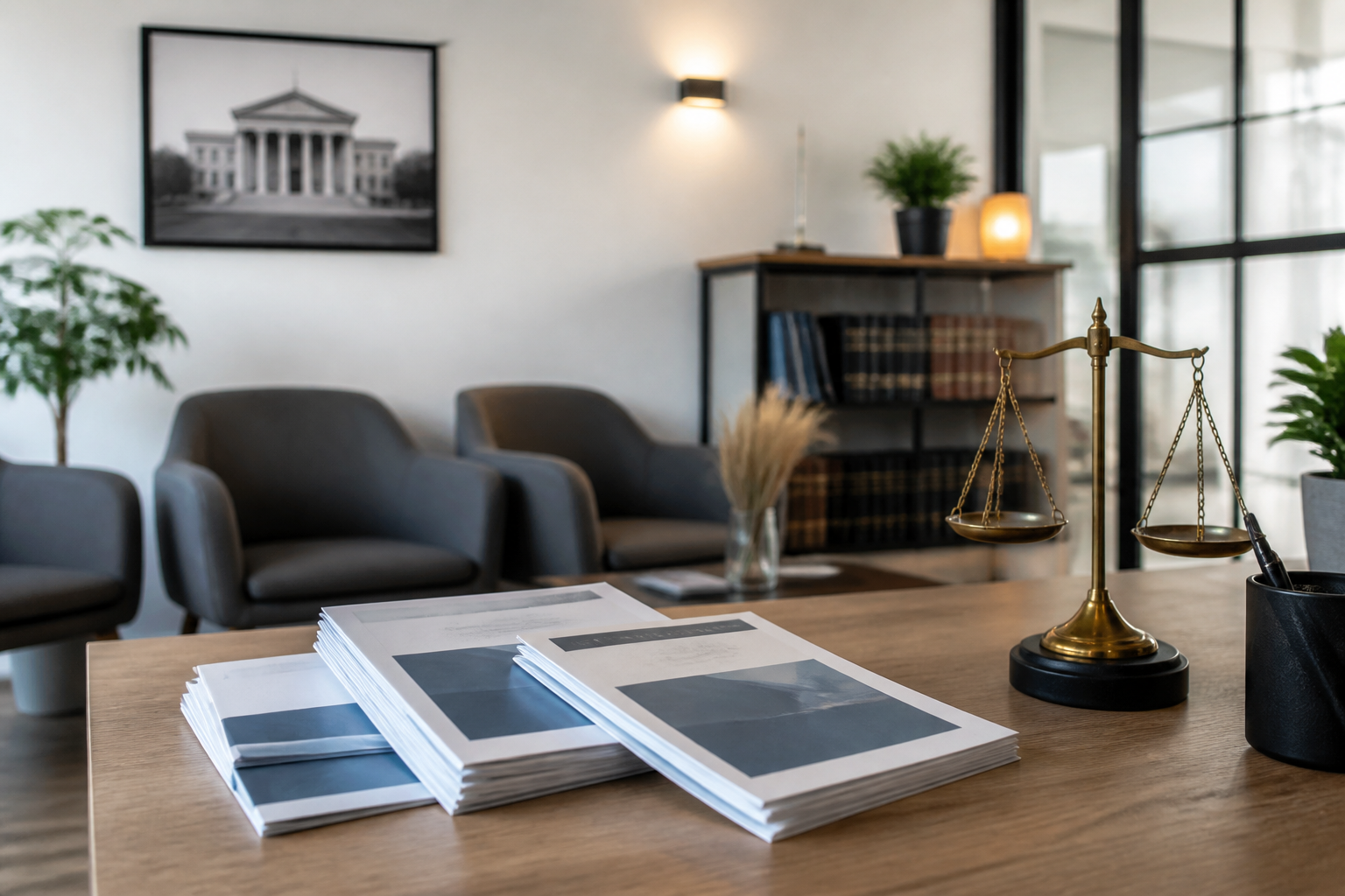Salle d'attente d'un cabinet d'avocat avec brochures d'information sur l'aide juridictionnelle