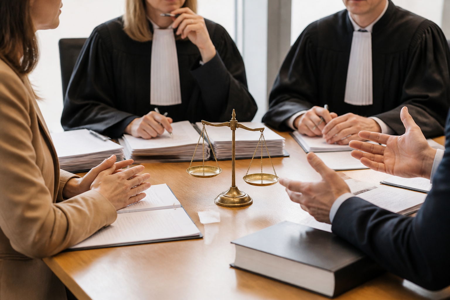 Audience civile en tribunal montrant les débats entre avocats et juge