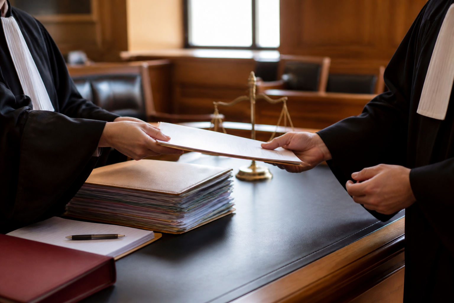 Salle d'audience civile où deux avocats échangent des documents