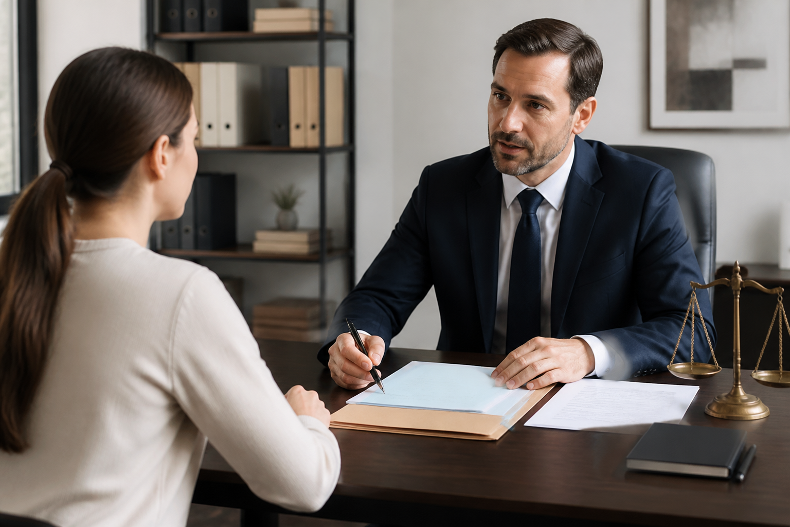 Consultation entre une avocat et une cliente dans un bureau