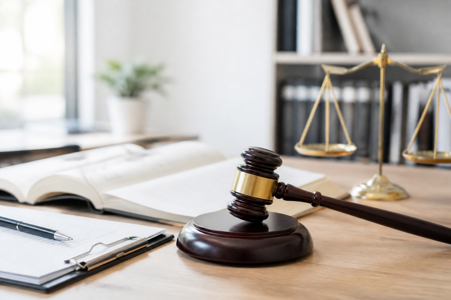 Marteau de juge posé sur un bureau avec documents juridiques