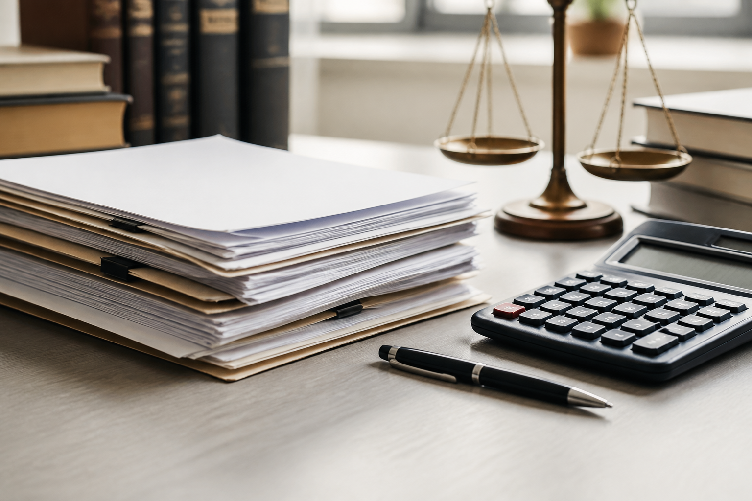 Documents juridiques et calculatrice sur un bureau représentant les honoraires