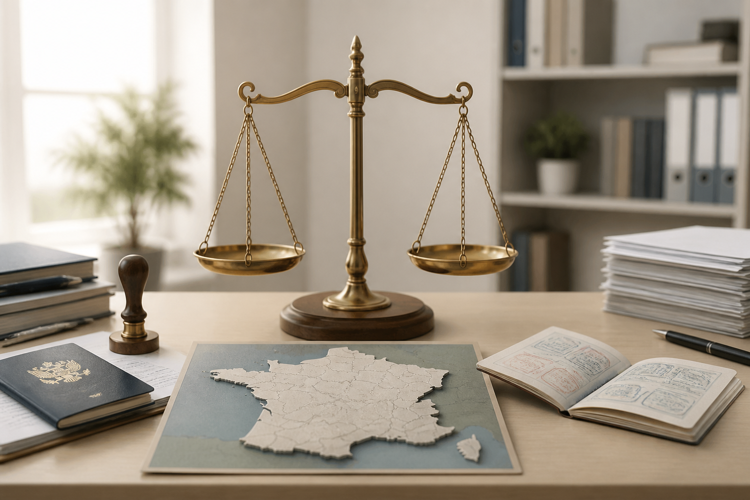 Balance de la justice avec éléments symbolisant l'immigration en France