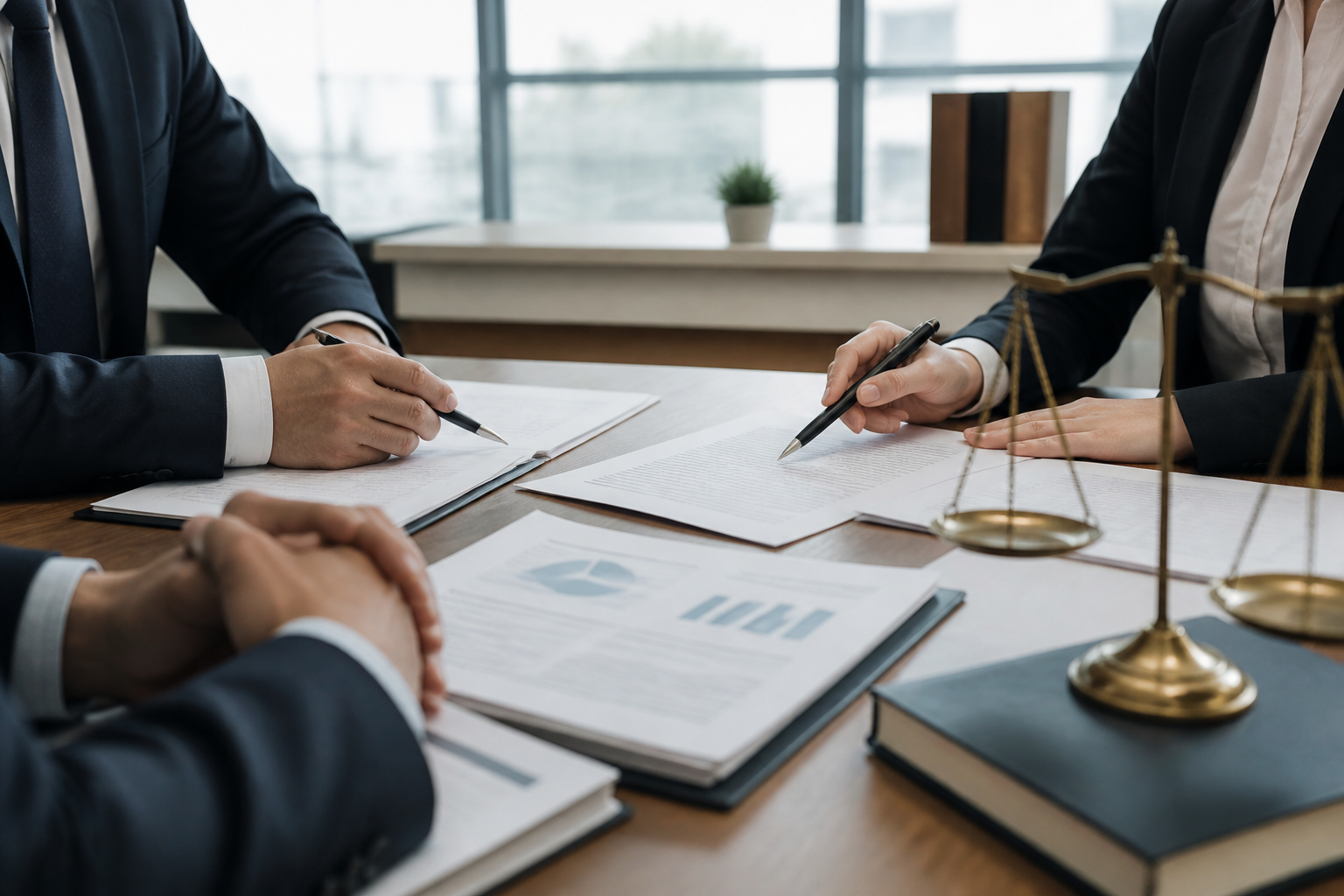 Réunion d'affaires entre professionnels français discutant des contrats et stratégies juridiques