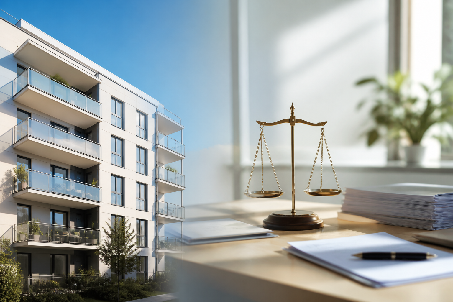 Immeuble résidentiel moderne avec balcons sous ciel bleu