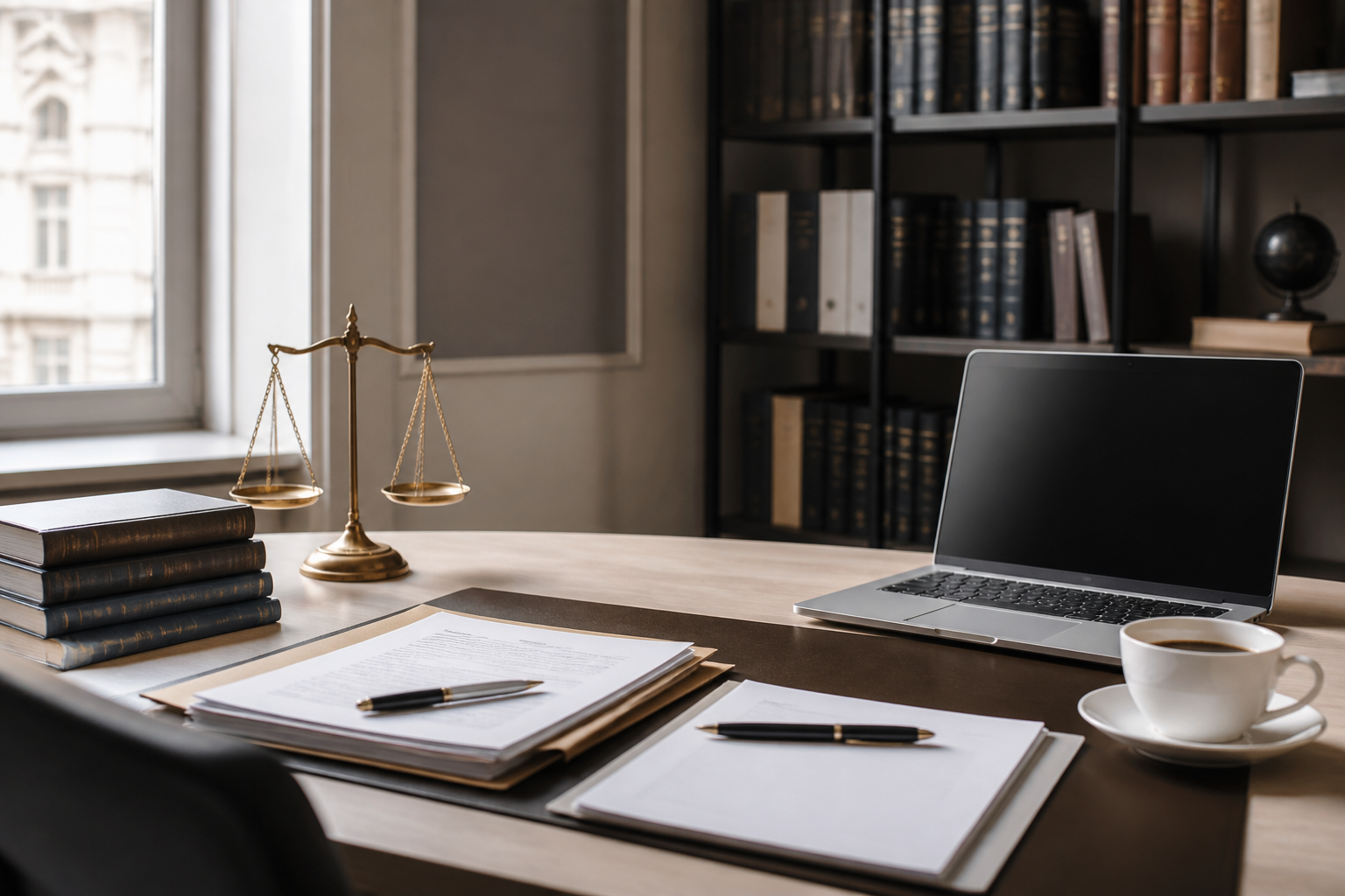 Bureau d'avocat avec documents juridiques et ordinateur portable