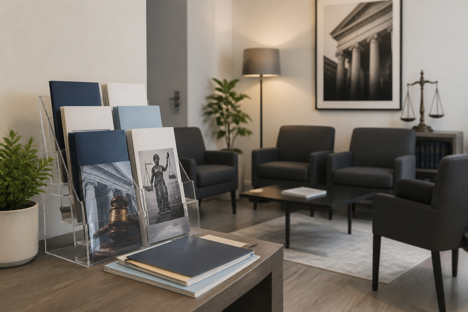 Salle d'attente d'un cabinet d'avocat avec brochures juridiques