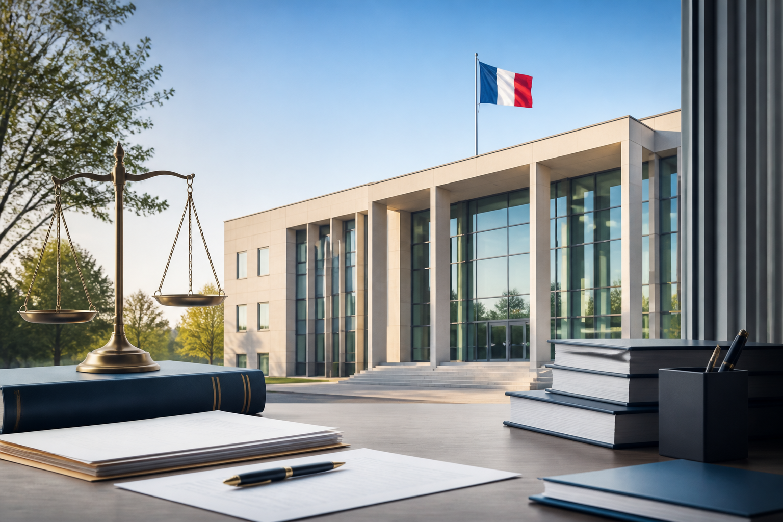 Illustration du bâtiment d’un tribunal en France avec le drapeau français