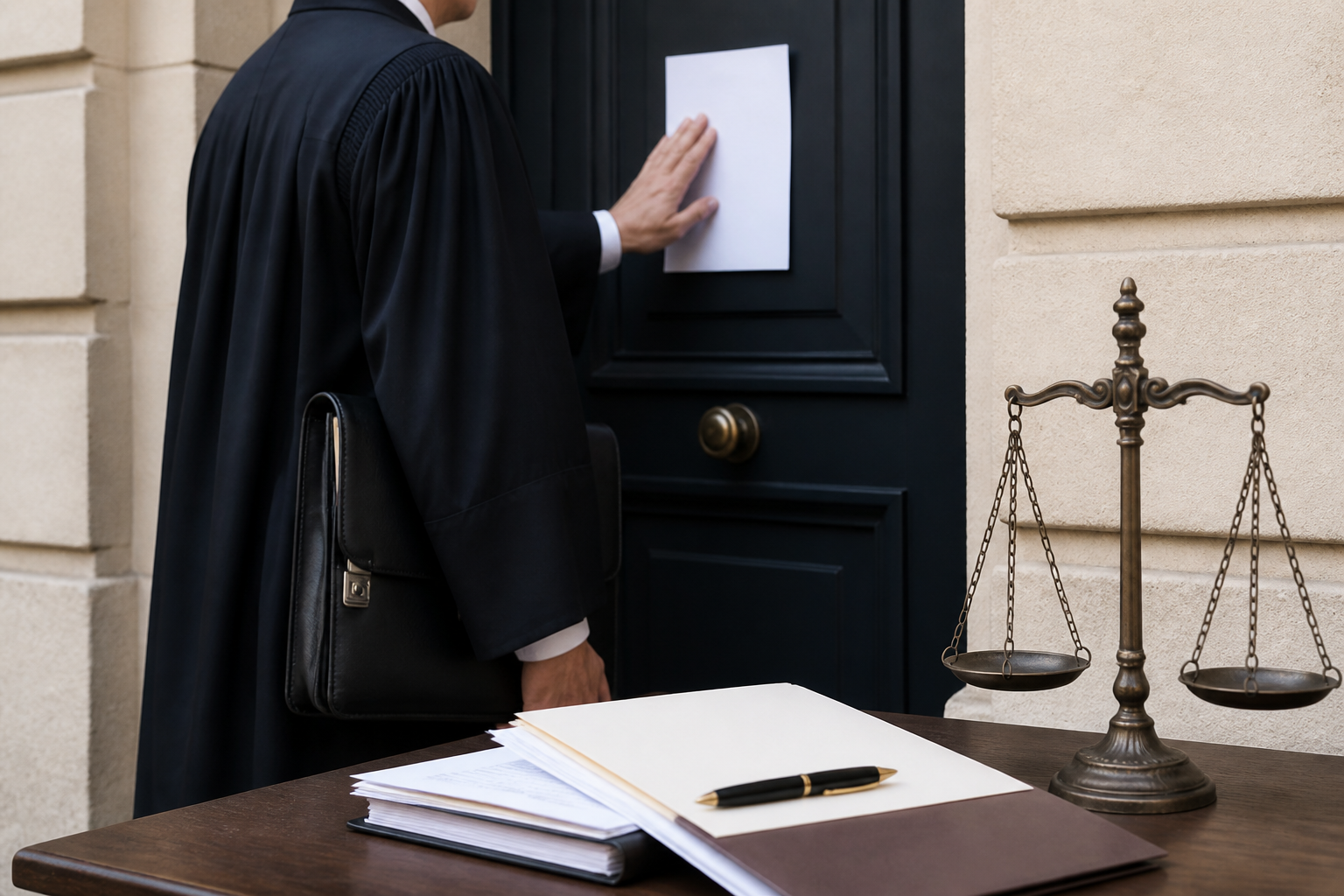 Huissier de justice signifiant une assignation à une porte