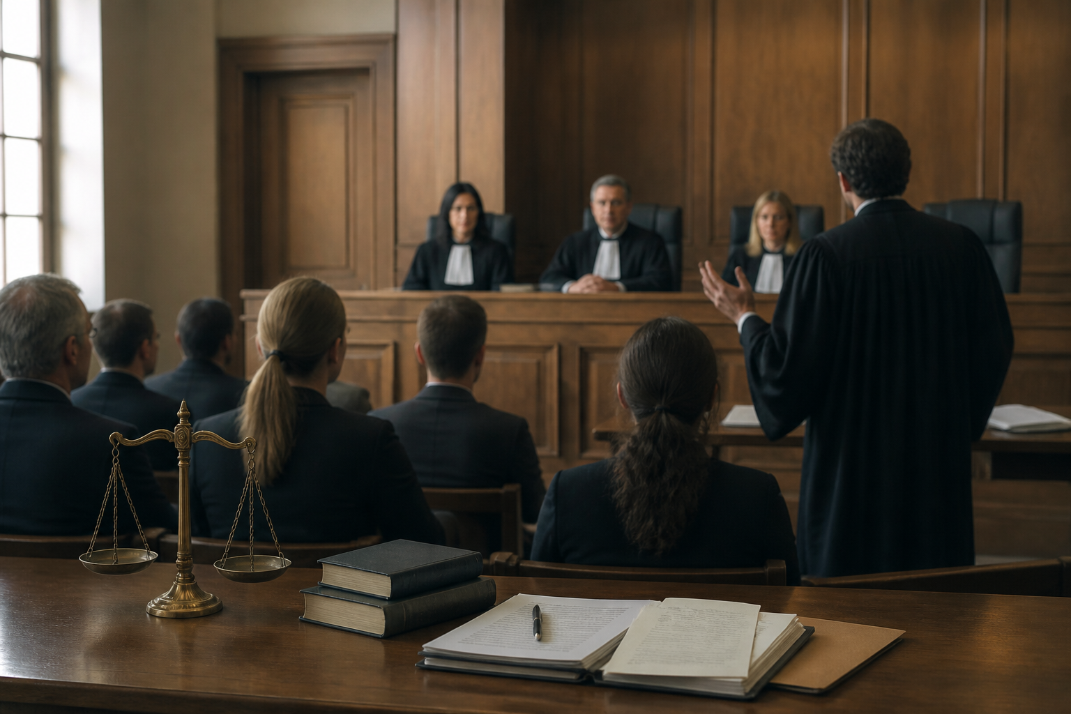 Avocat plaidant devant le tribunal correctionnel avec public en arrière-plan