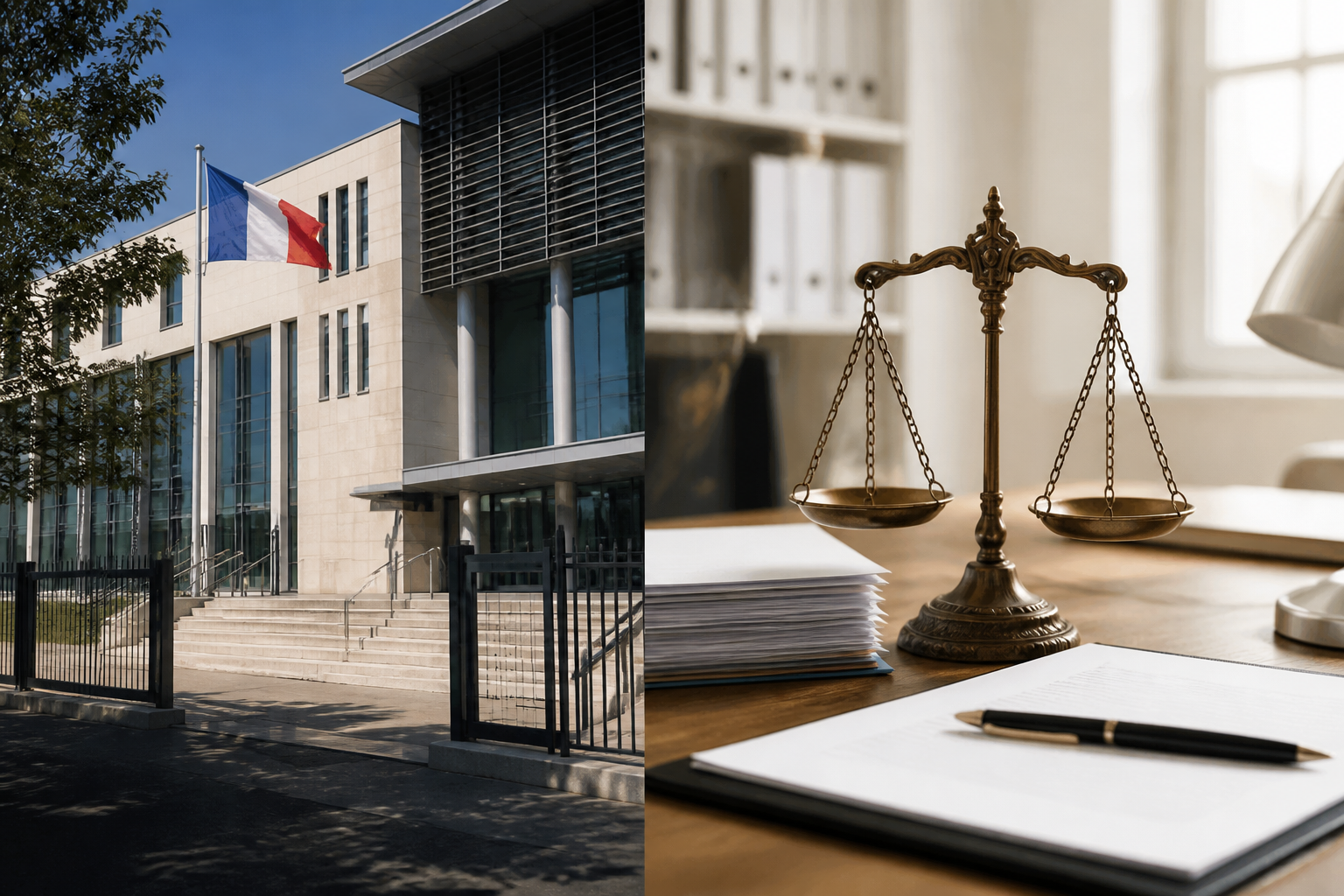 Tribunal français moderne avec le drapeau national en extérieur