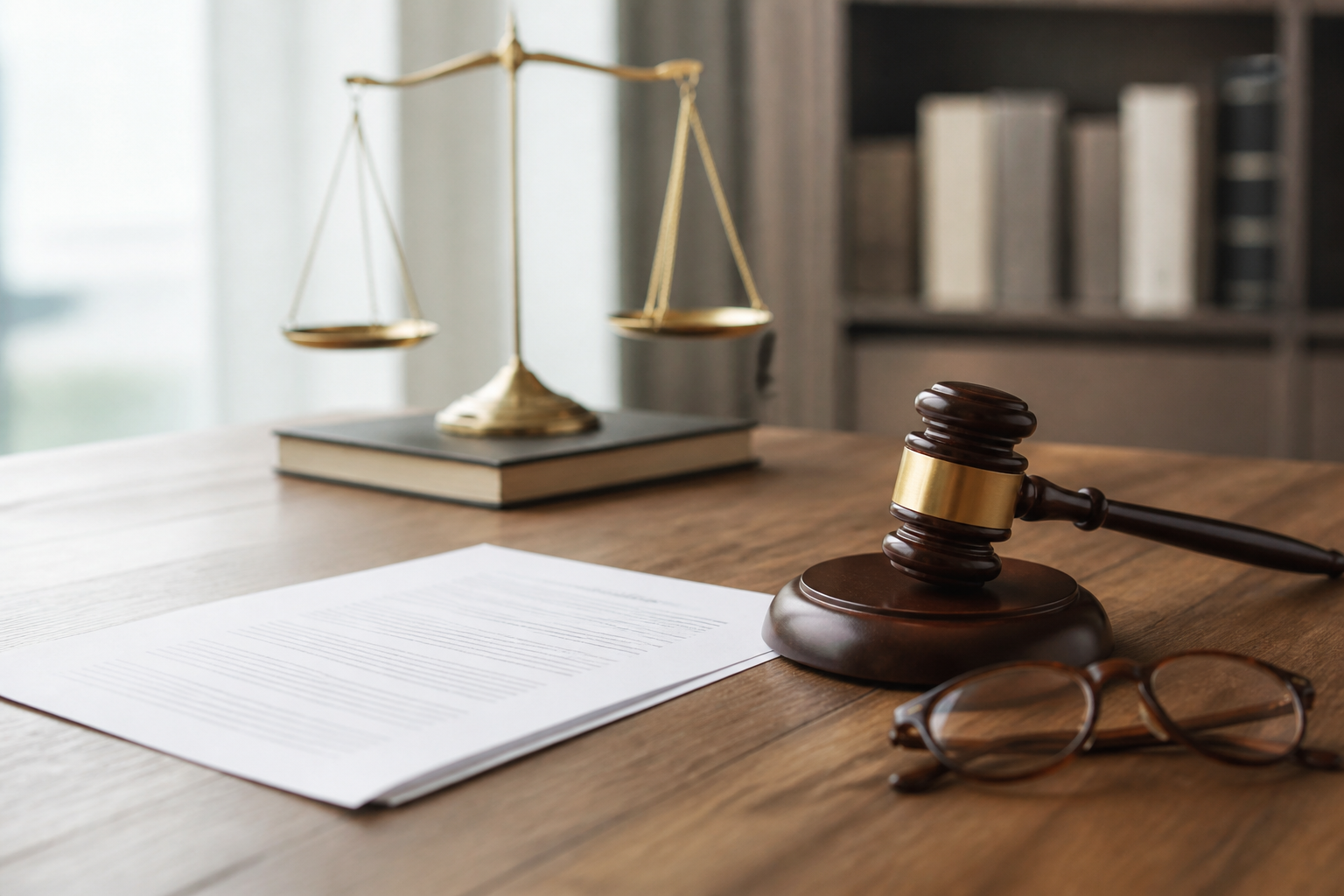 Documents juridiques avec marteau de juge sur table en bois