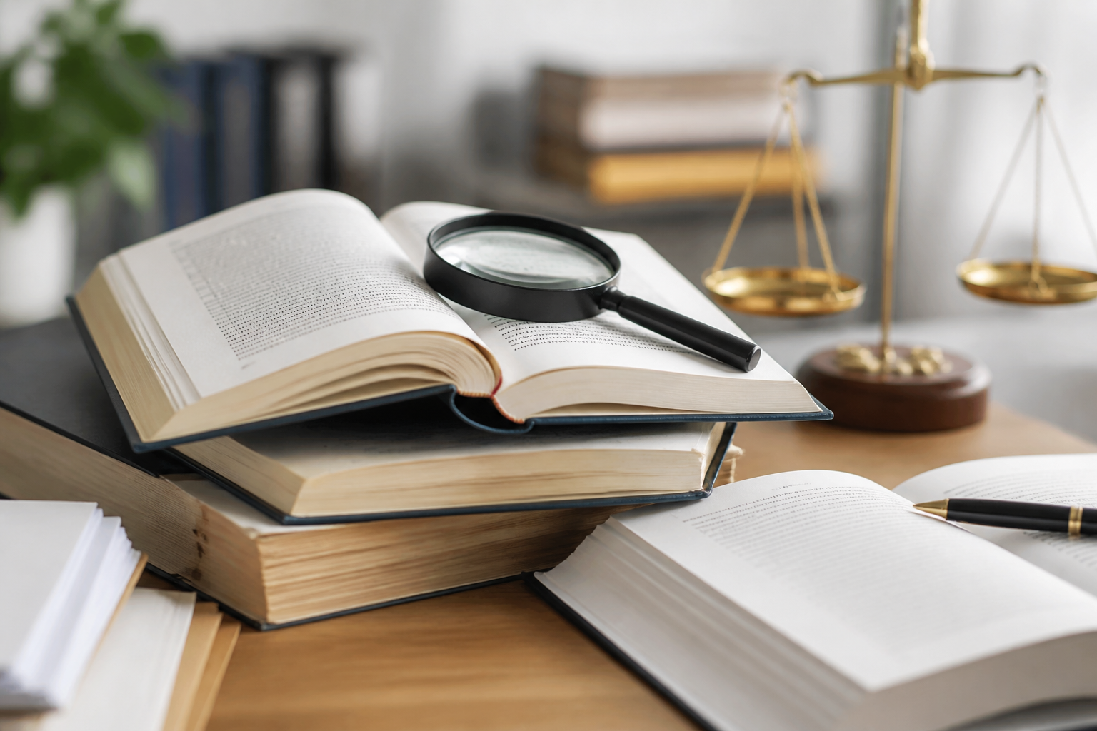 Livres de droit ouverts avec loupe sur une table