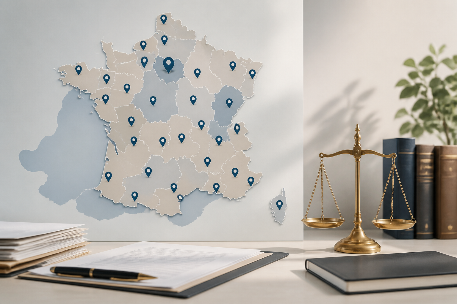Carte montrant différentes localisations de cabinets d'avocats spécialisés en divorce en France