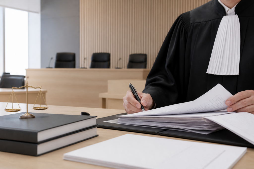 Avocat en robe au tribunal judiciaire avec documents juridiques