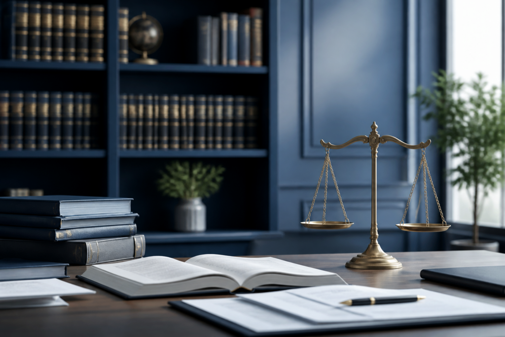 Bureau d'avocat français avec livres de droit et balance de la justice