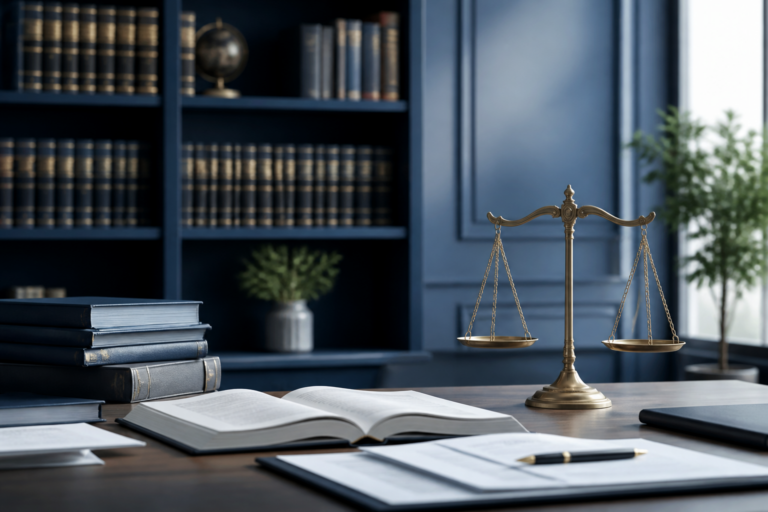 Bureau d'avocat français avec livres de droit et balance de la justice