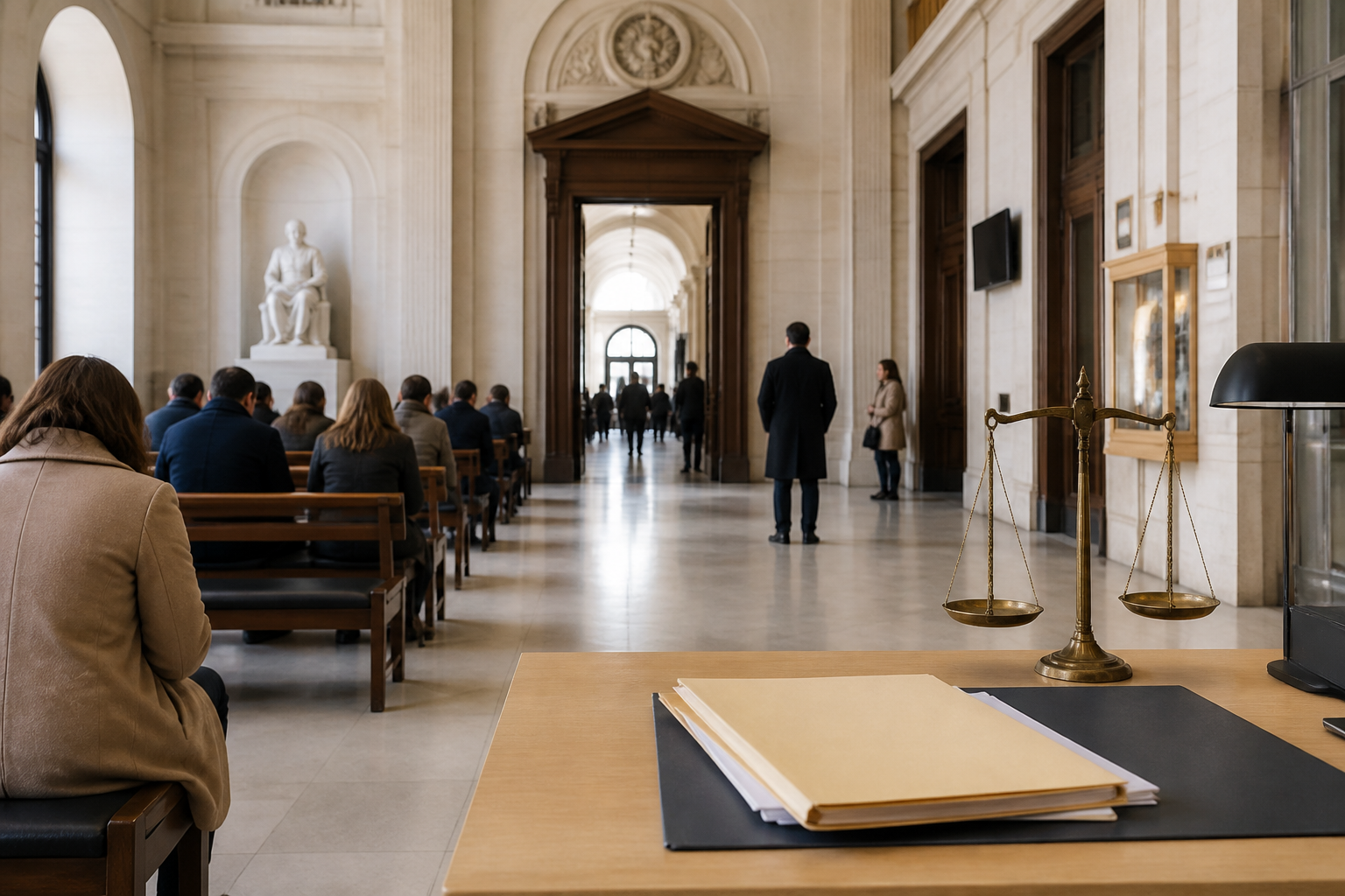 Intérieur du tribunal judiciaire avec citoyens attendant l'audience