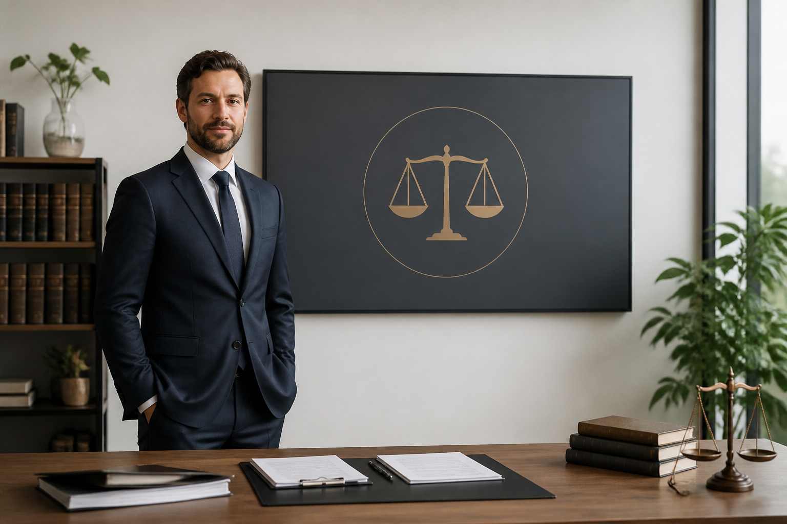 Avocat en costume près du panneau de logo de son cabinet