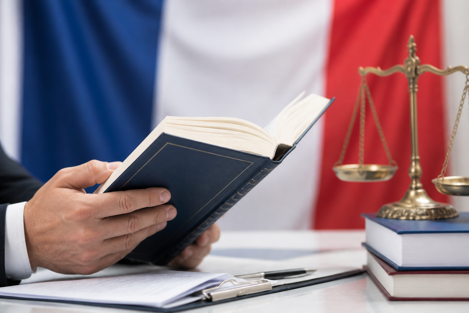 Mains tenant un code de procédure civile français avec drapeau en arrière-plan