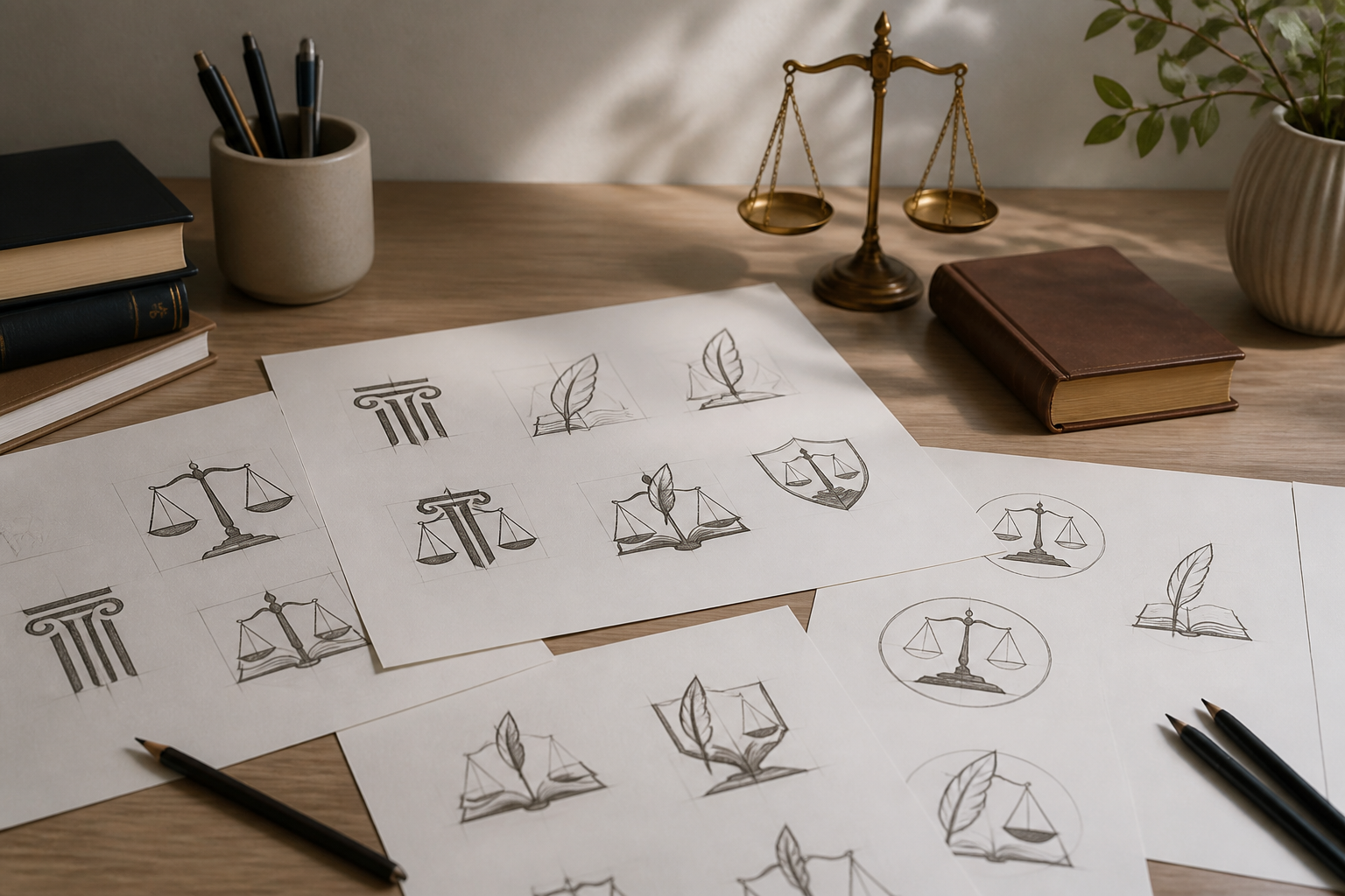 Croquis de plusieurs idées de logo pour cabinet avocat
