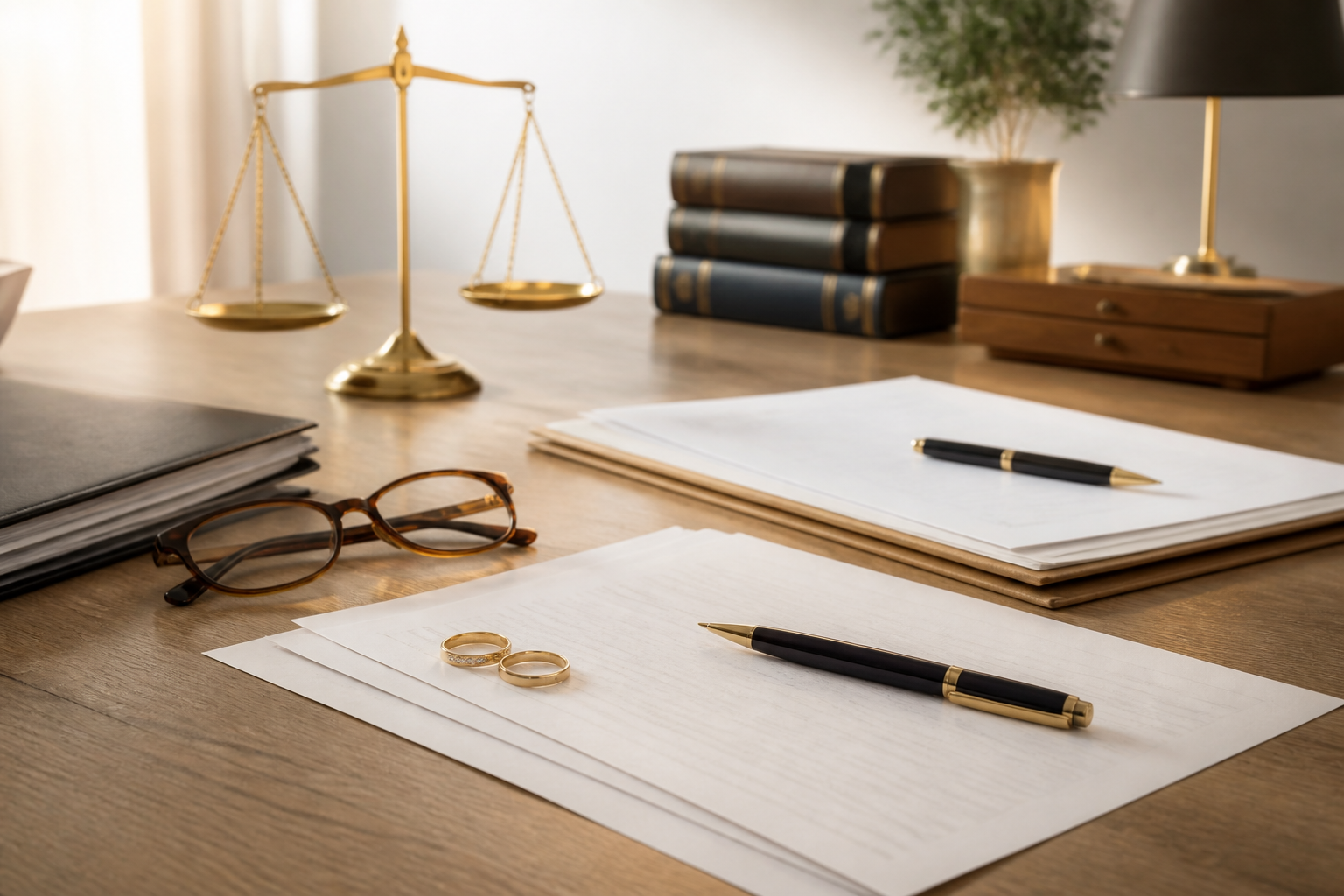 Documents et accessoires juridiques liés à un divorce sur un bureau en bois